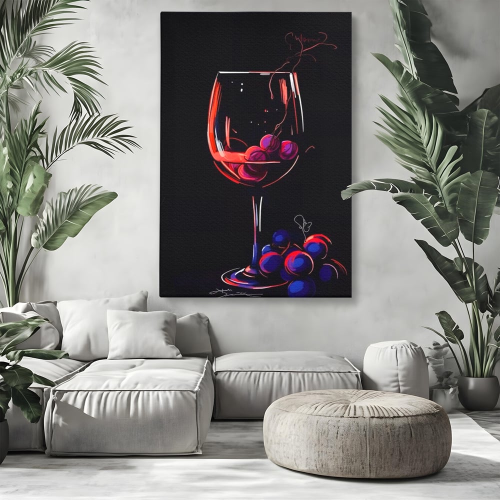 Tablou canvas cu tablou canvas cu pahar de vin si struguri, fara rama, pe sasiu de lemn, pe perete intr-un living